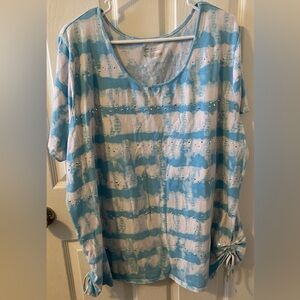 Lane Bryant Aqua and White Tie-Dye Top with Bead Accents